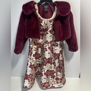 NEW 2 pcs - Champagne and Burgundy flora Size 6 Dress with Faux Fur jacket
